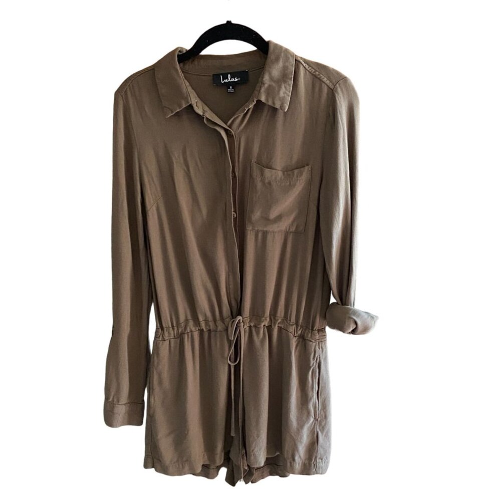 Lulu's Roll Tab Sleeve Collared Romper-Green-Size Small-GUC